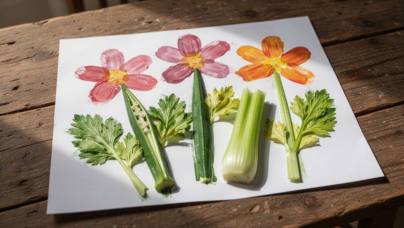 A vibrant garden painting on white paper features petals stamped with okra slices and leaves created from celery stalks. Simple green painted stems connect these botanical shapes on a rustic table.