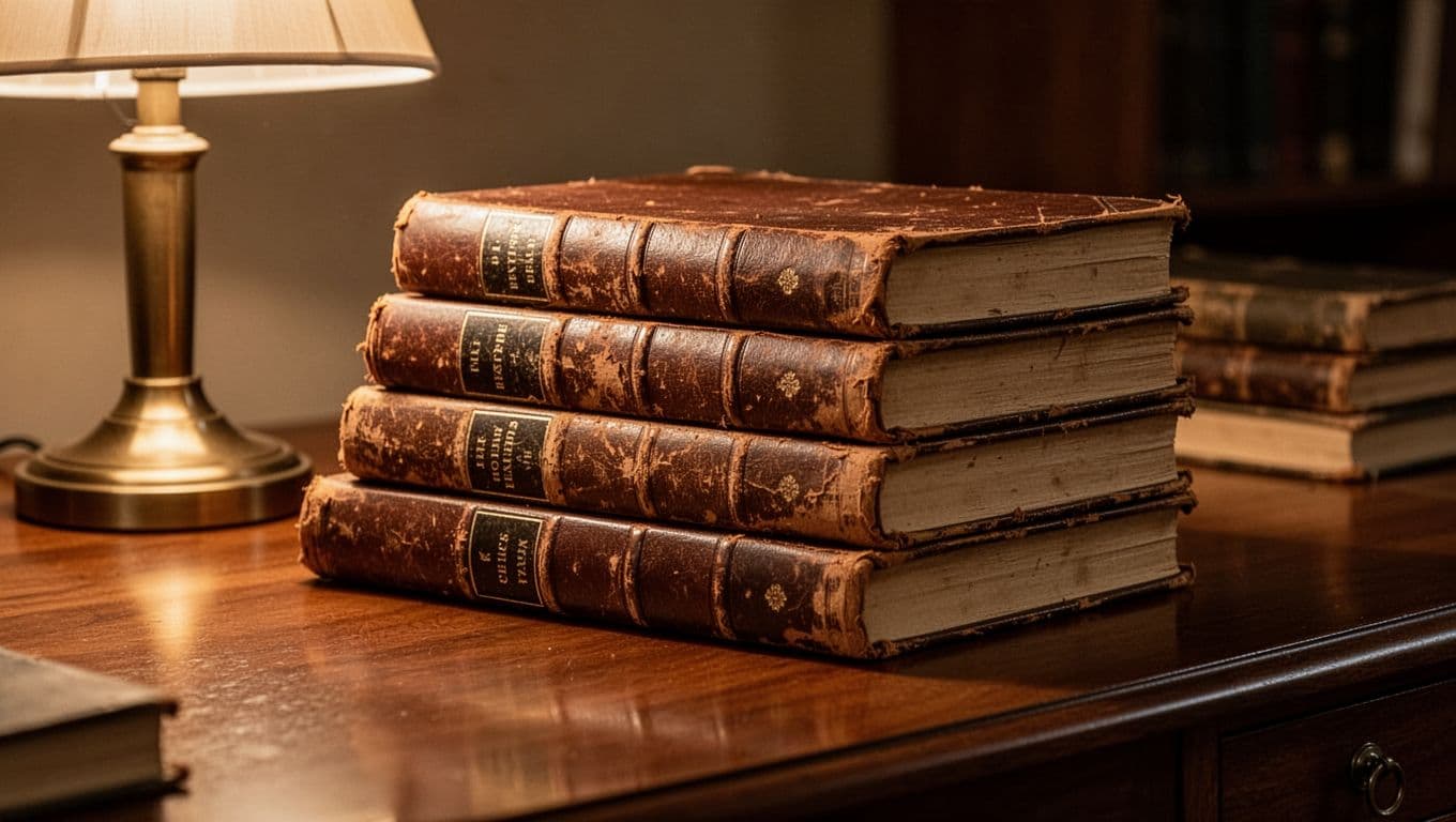 A stack of antique books bound in worn leather sits on a dark wooden surface. A glowing desk lamp provides warm light, highlighting the intricate gold embossing and aged paper textures.