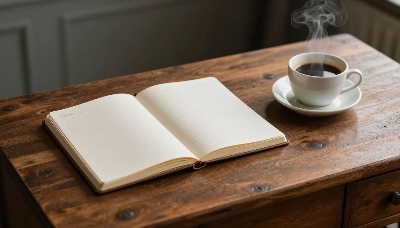 A rustic wooden desk features an open notebook with blank pages beside a steaming mug of black coffee. Warm, cinematic light highlights the textured grain of the wood and paper fibers.