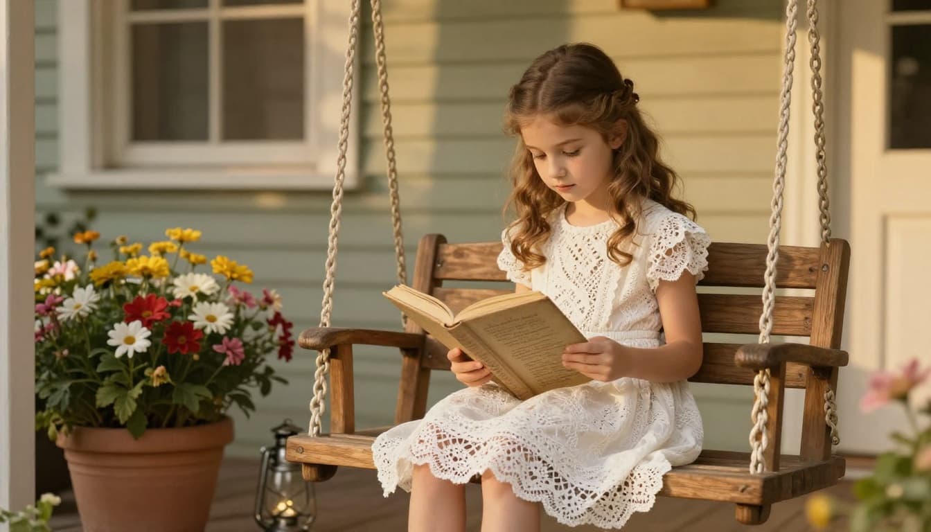 Little girl in lace dress sits on wooden porch swing reading book, surrounded by potted flowers and old lantern.