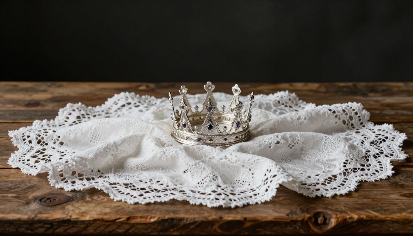 An ornate silver crown rests delicately upon a folded antique lace blanket draped across a weathered wooden table. Soft, dramatic highlights emphasize the intricate metalwork against the contrasting dark fabric textures.