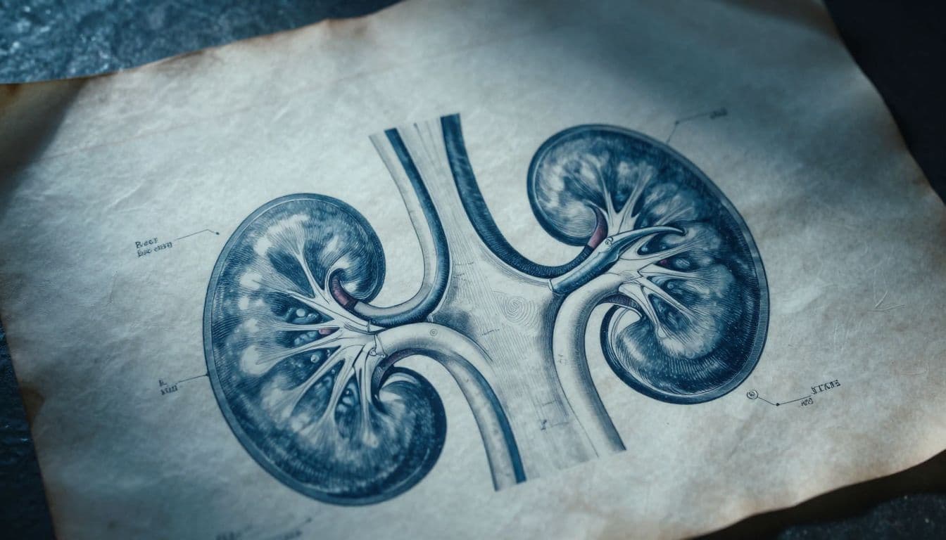 Detailed antique medical drawings of human anatomy appear on aged dark parchment. Dramatic side lighting highlights the intricate lines and paper texture, casting deep shadows across the scientific medical diagrams.