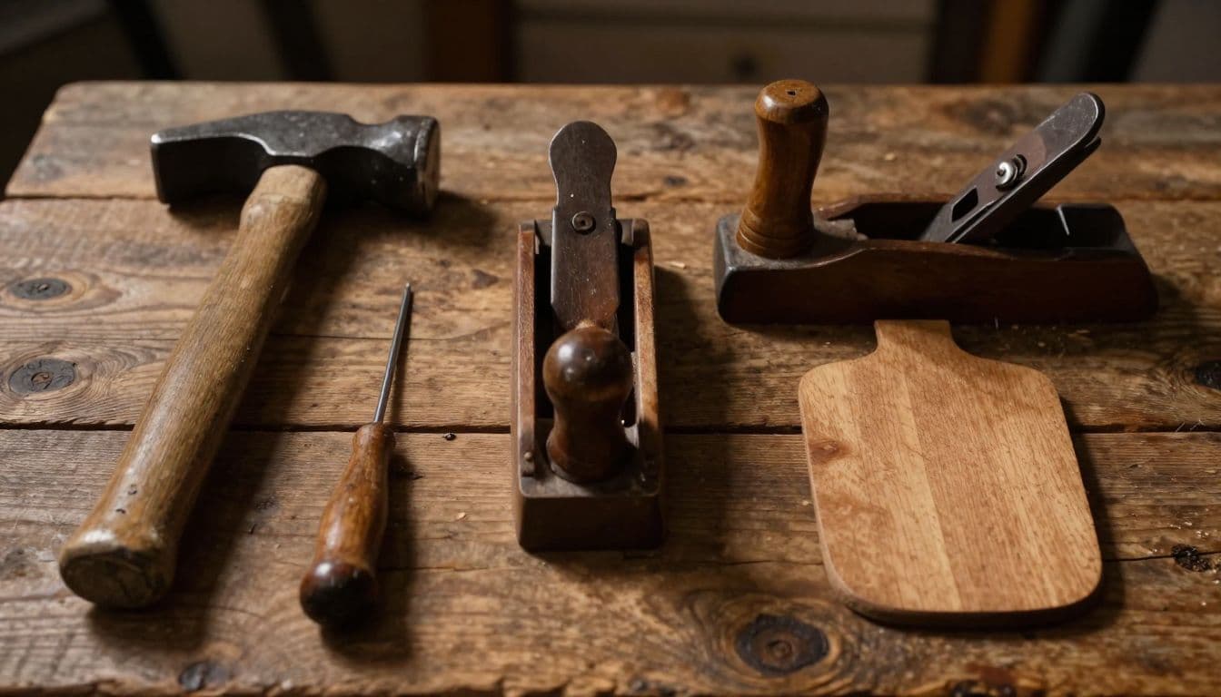 A rustic wooden table displays a blacksmith hammer, a tailor's needle, a carpenter's plane, and a baker's paddle. Dramatic warm lighting highlights the intricate wood grain and heavy metallic tool textures.