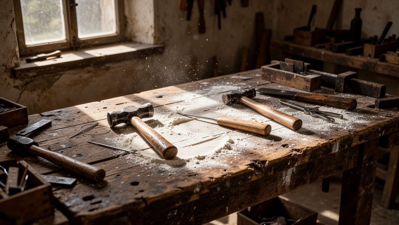 A worn wooden surface displays scattered iron tools including a small hammer and needle against a light dusting of flour. Sharp directional lighting highlights the rough textures and deep casting shadows.