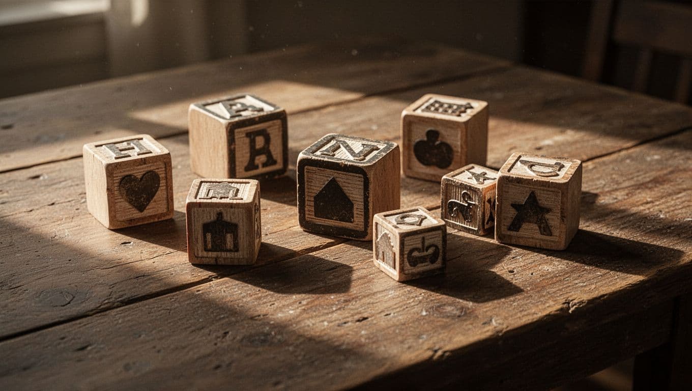 Soft light falls across plain wooden cubes arranged on a rustic timber surface. The warm, moody illumination highlights the smooth texture of the blocks against the weathered grain of the table.
