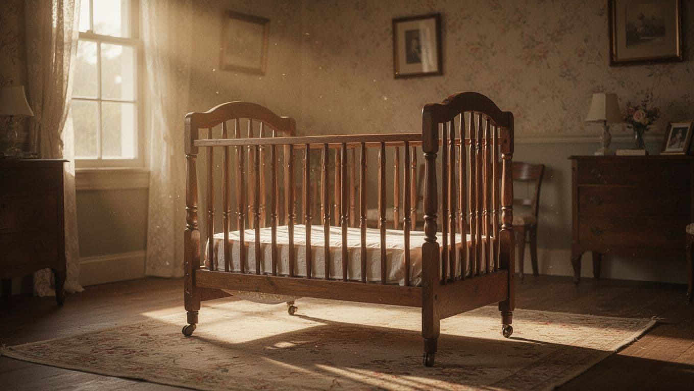 An ornate dark wood baby crib rests in a room flooded with golden hour light. The soft focus highlights the vintage spindle details and the warm, timeless atmosphere of the nursery.