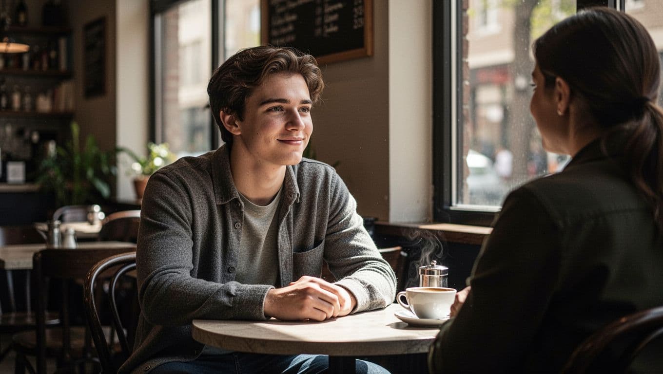 A person sits at a rustic cafe table, gazing affectionately toward an unseen companion. Soft amber lighting illuminates their face, while the busy background dissolves into a beautiful, creamy bokeh blur.