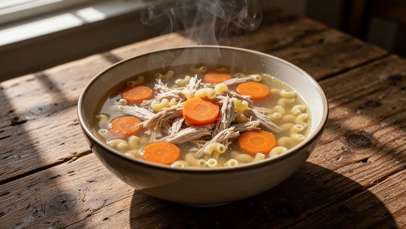 A ceramic bowl filled with steaming chicken noodle soup sits on a rustic wooden table. It features shredded chicken, colorful carrot slices, and small pasta shapes in a clear savory broth.
