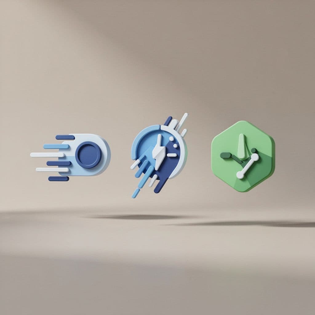 Three minimalist icons represent speed, responsiveness, and stability on a neutral background.