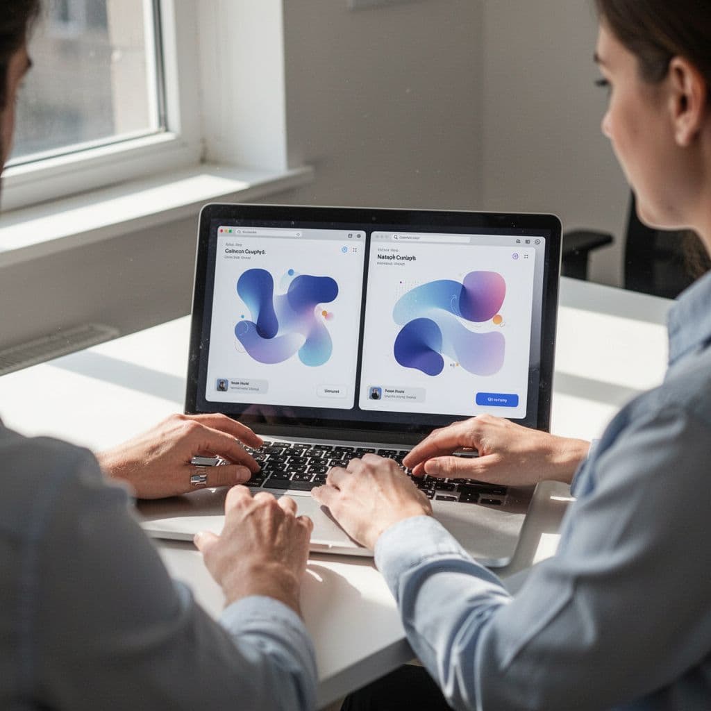 A person works on a laptop displaying a split-screen interface comparing two different website button designs.