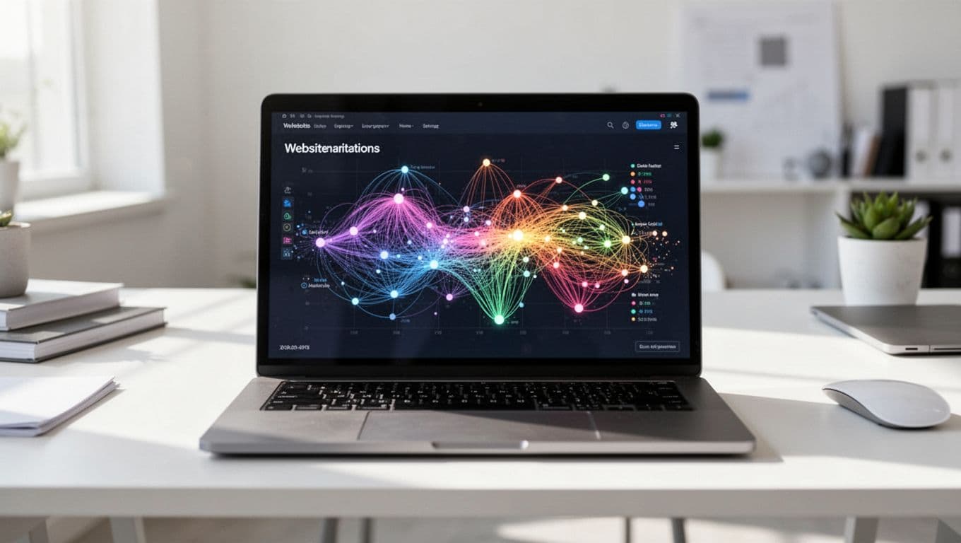 A laptop on a clean desk displays a colorful abstract chart representing user interaction data.
