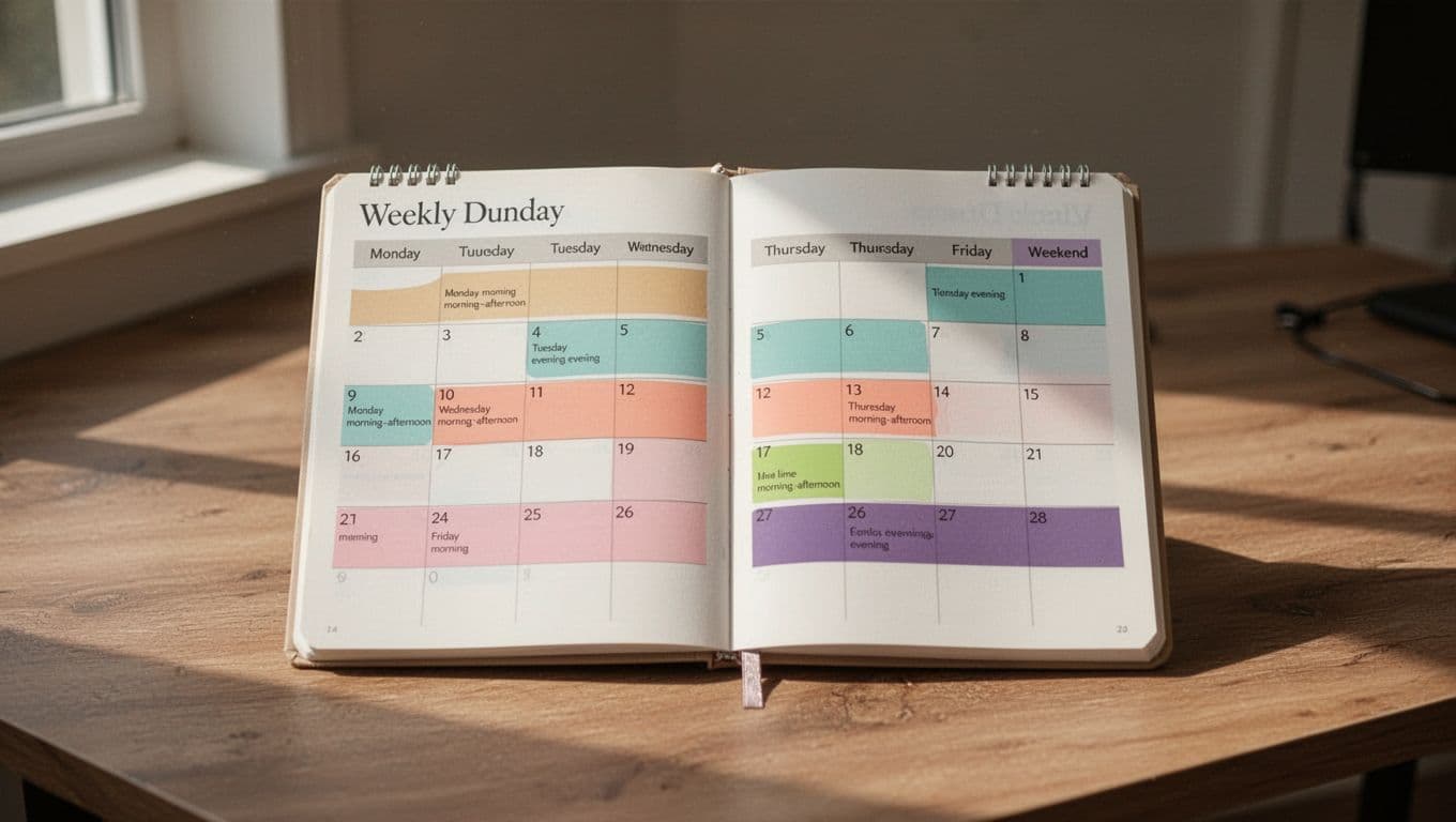 Open weekly desk calendar on wooden surface shows subtle colored highlights on peak posting windows for each day.
