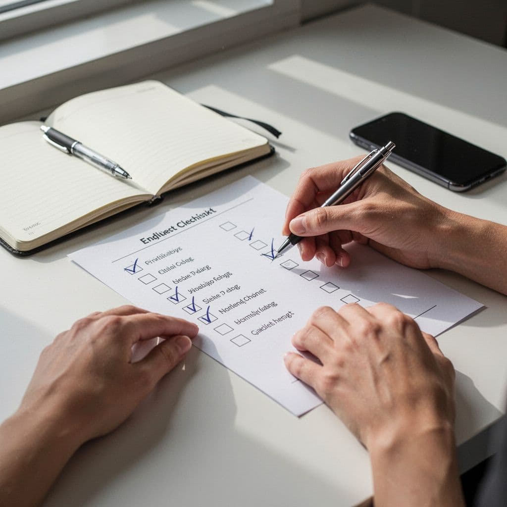 A person uses a pen to mark items on a paper checklist atop an organized desk.