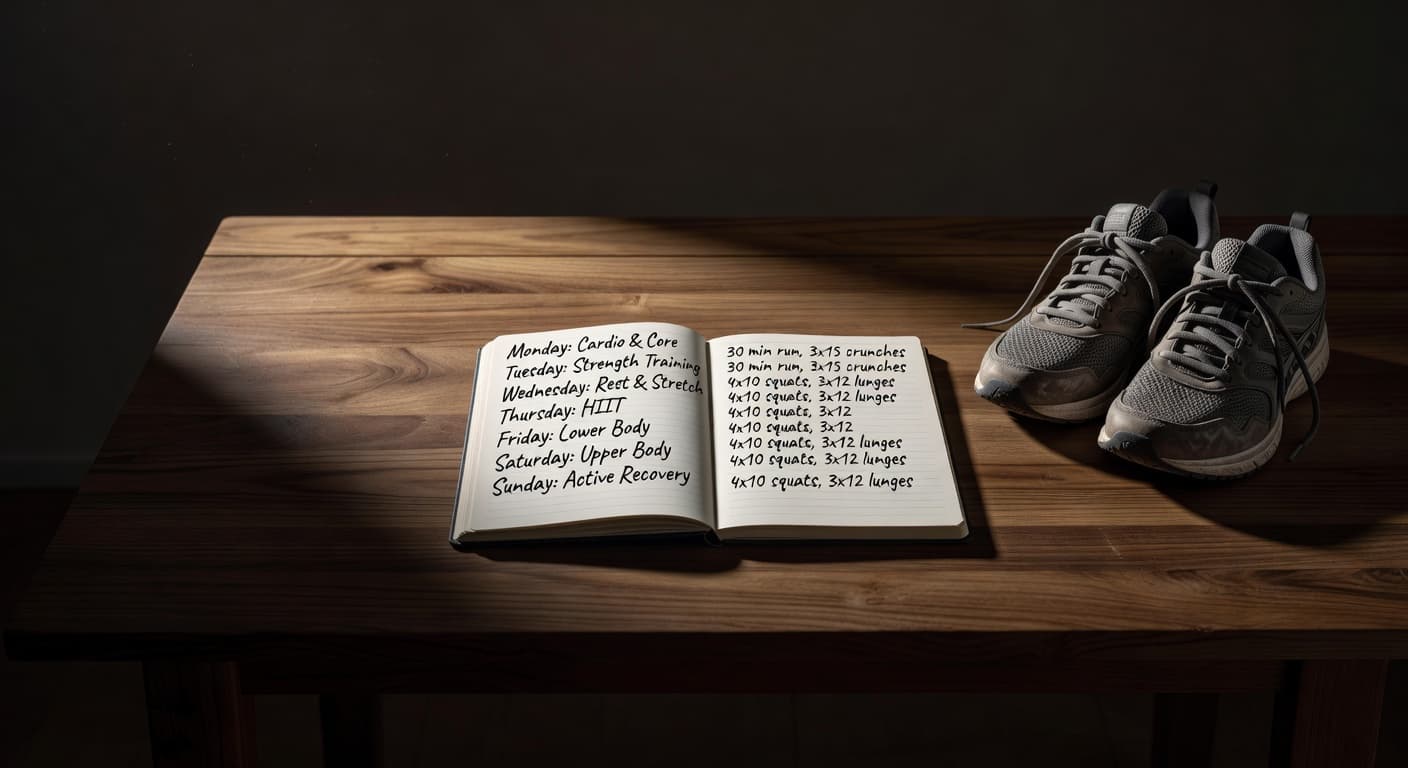 A clean wooden surface holds an open notebook displaying a weekly workout schedule alongside a pair of athletic sneakers. Dramatic lighting creates high-contrast shadows across the minimalist desk setup.