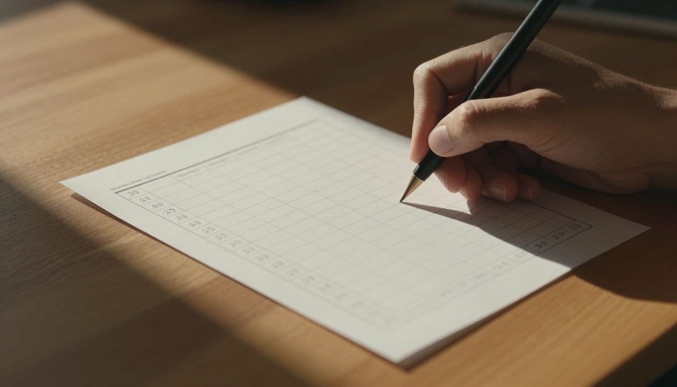 A person marks a box on a grid-lined paper savings tracker placed on a dark wooden desk. Dramatic side lighting highlights the paper texture while creating soft, elongated shadows across surfaces.