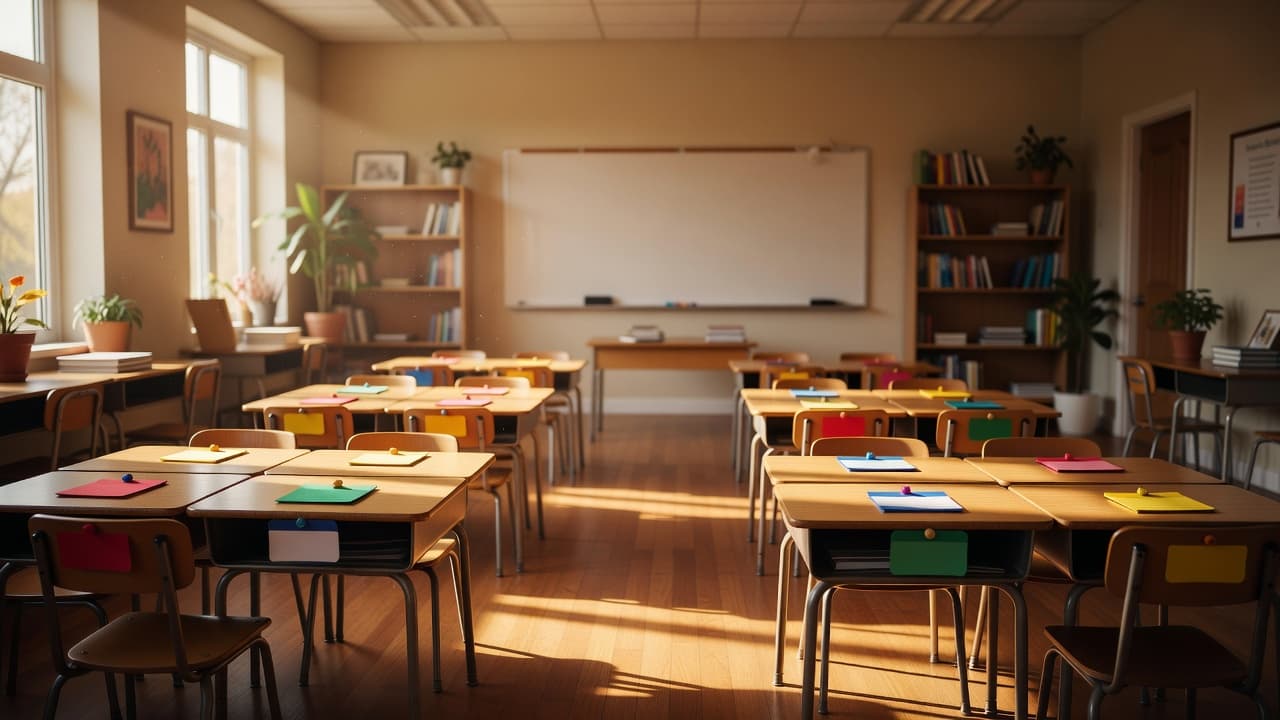 Rows of small student desks are grouped together throughout the bright classroom. Colorful name tags decorate each wooden surface as warm morning sunlight streams through the windows to create cozy shadows.