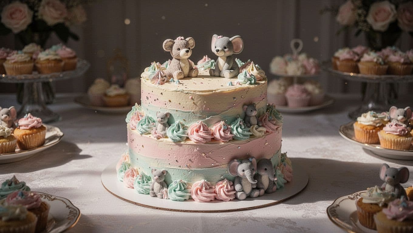 A decorated multi-tiered cake sits on a table, featuring soft pastel frosting, handcrafted animal toppers, and delicate edible glitter. The background blurs softly to highlight the sweet dessert centerpiece.