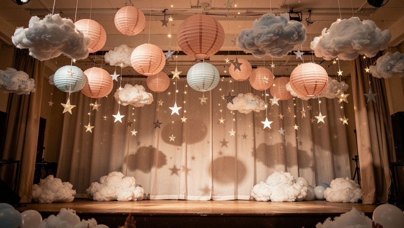Floating paper lanterns and glowing stars drift amidst soft cloud clusters suspended from the ceiling. These decorations frame the stage area, creating a warm and dreamy atmosphere for a special celebration.