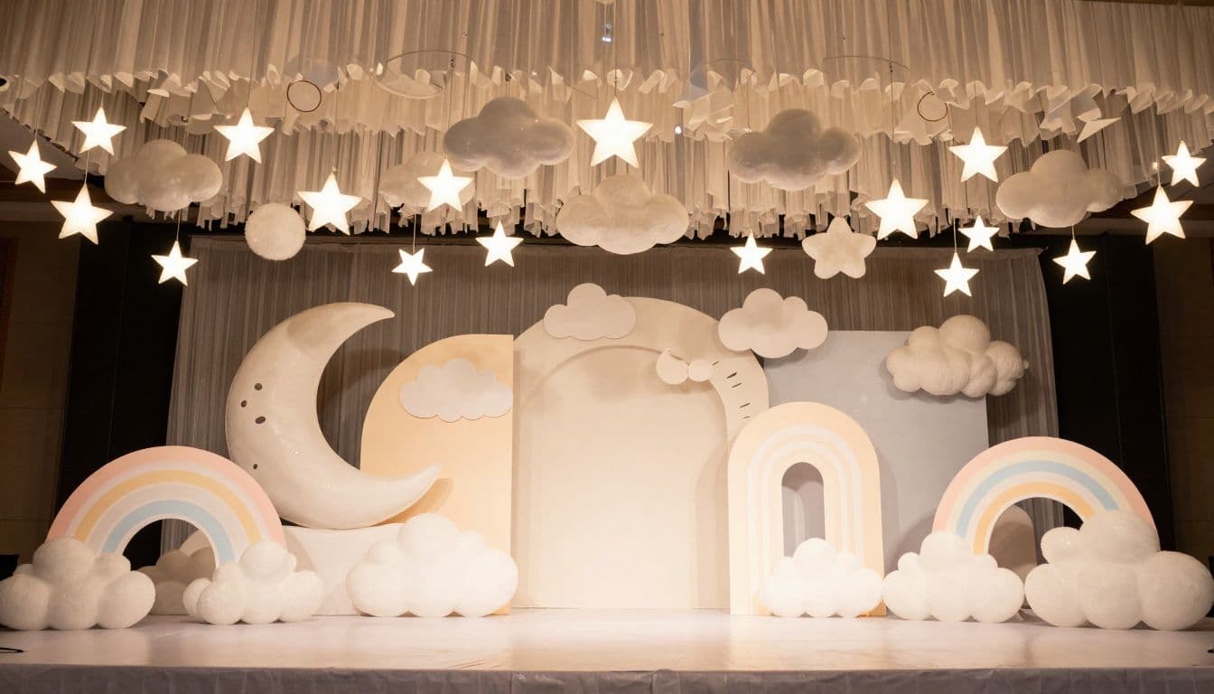 A whimsical stage design features plush white clouds and golden hanging stars suspended against a soft backdrop. Gentle warm lighting illuminates the moon motifs to create a dreamy, celebratory nursery atmosphere.