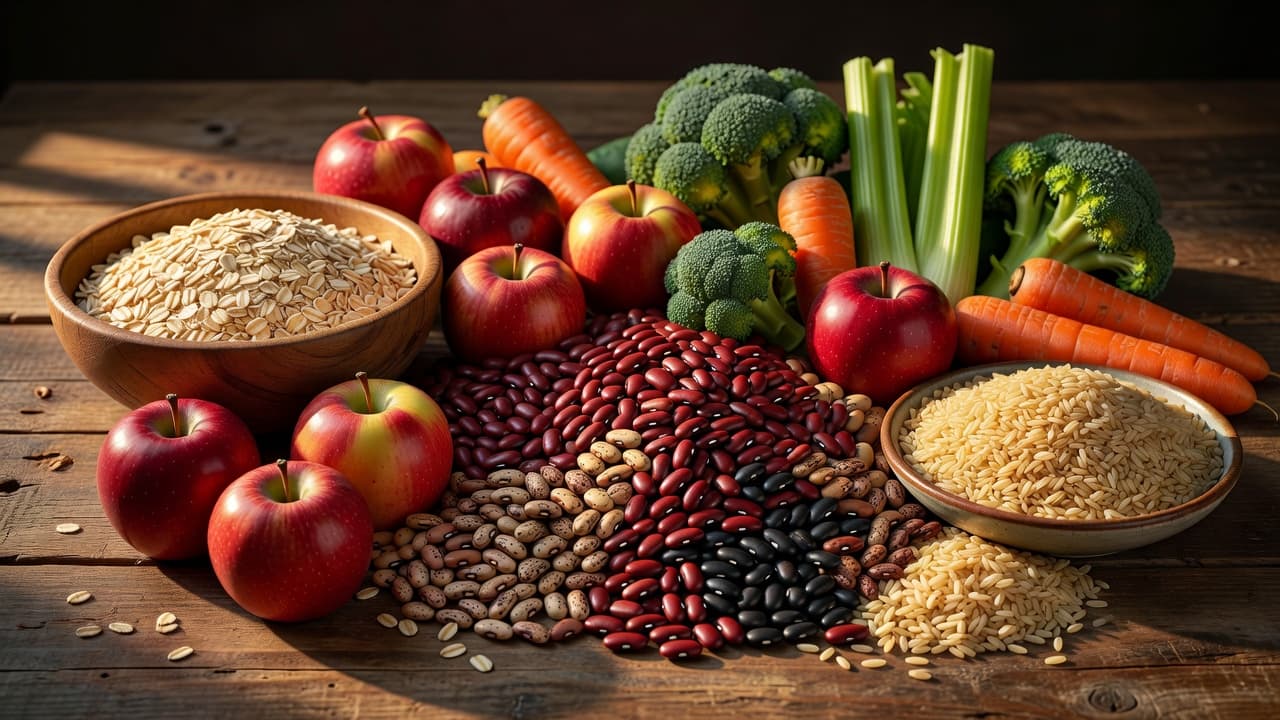 A rustic wooden table displays a diverse collection of high-fiber staples, including a white bowl of raw oats, clusters of crisp red apples, dried beans, brown rice, and colorful fresh garden vegetables.