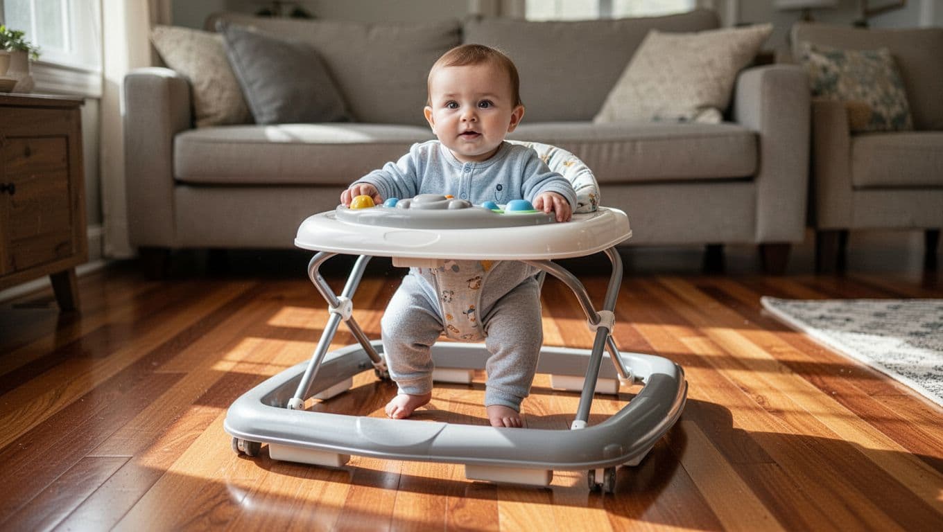 9-month-old baby in baby walker with wide rectangular base on hardwood floor.