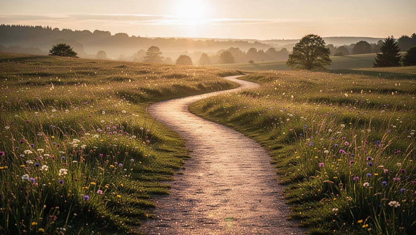 A narrow dirt trail curves gently through a field of tall green grasses during golden hour. Soft morning light bathes the rolling landscape, emphasizing the clear path leading toward the horizon.