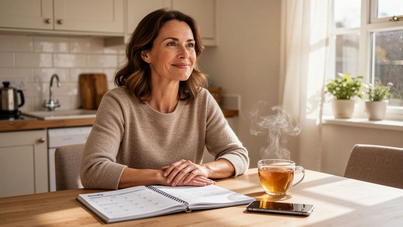 Mid-30s woman sits at kitchen table with open fertility calendar, tea cup, and smartphone showing pregnancy app icon.