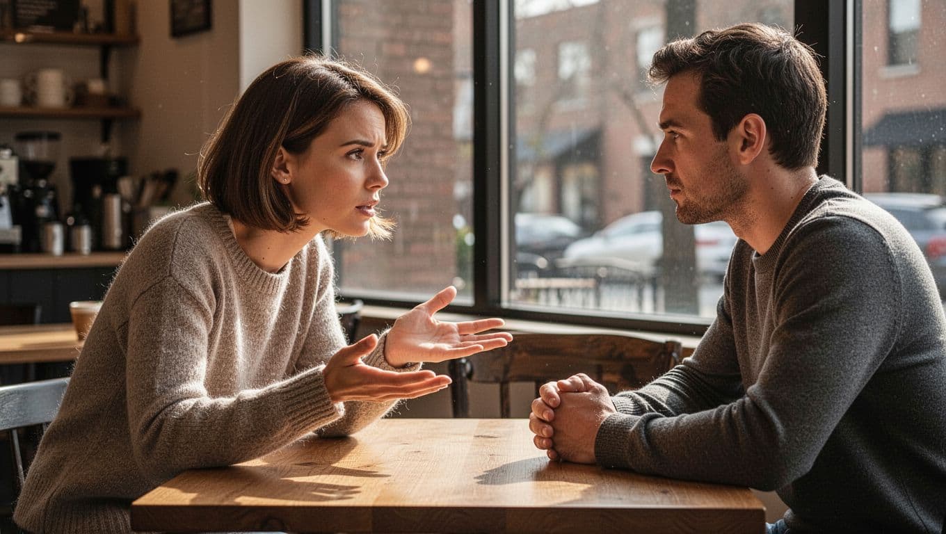 Confident mid-20s woman with short brown hair leans forward gesturing openly, asking a serious question to a thoughtful man who listens attentively with folded hands across a wooden coffee shop table, soft natural light, cozy blurred background.