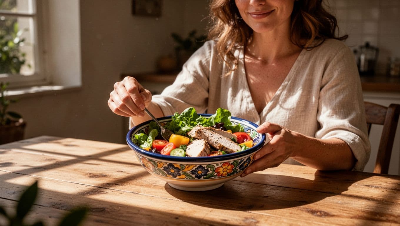 A woman sits at a wooden table enjoying a vibrant Mediterranean bowl filled with fresh vegetables, leafy greens, and lean protein. Warm light highlights the colorful ingredients during her midday meal.