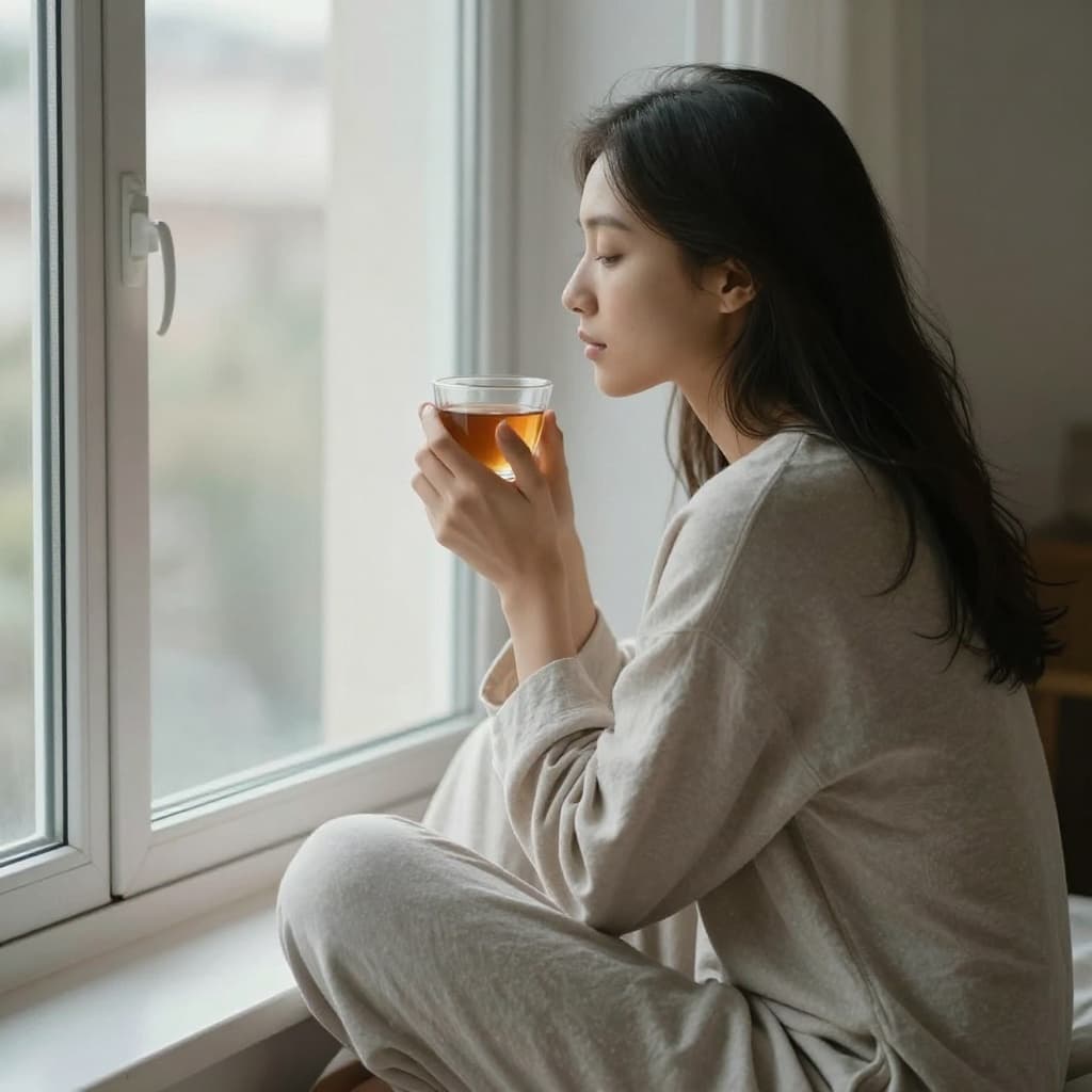 A woman sits peacefully by a bright window holding a warm cup of tea.