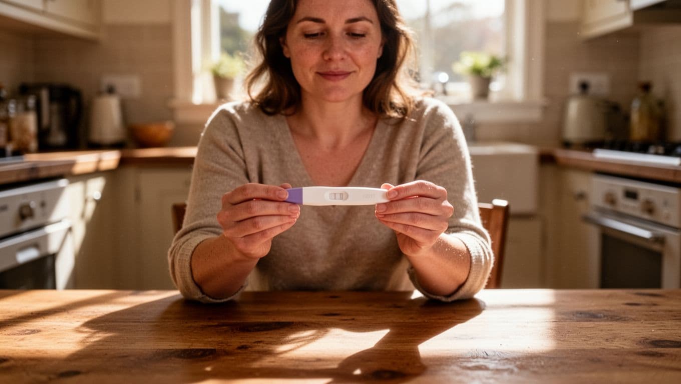 A woman sits at a rustic wooden kitchen table bathed in soft sunlight. She holds a small white test kit carefully in her hands, reflecting a quiet and contemplative emotional moment.