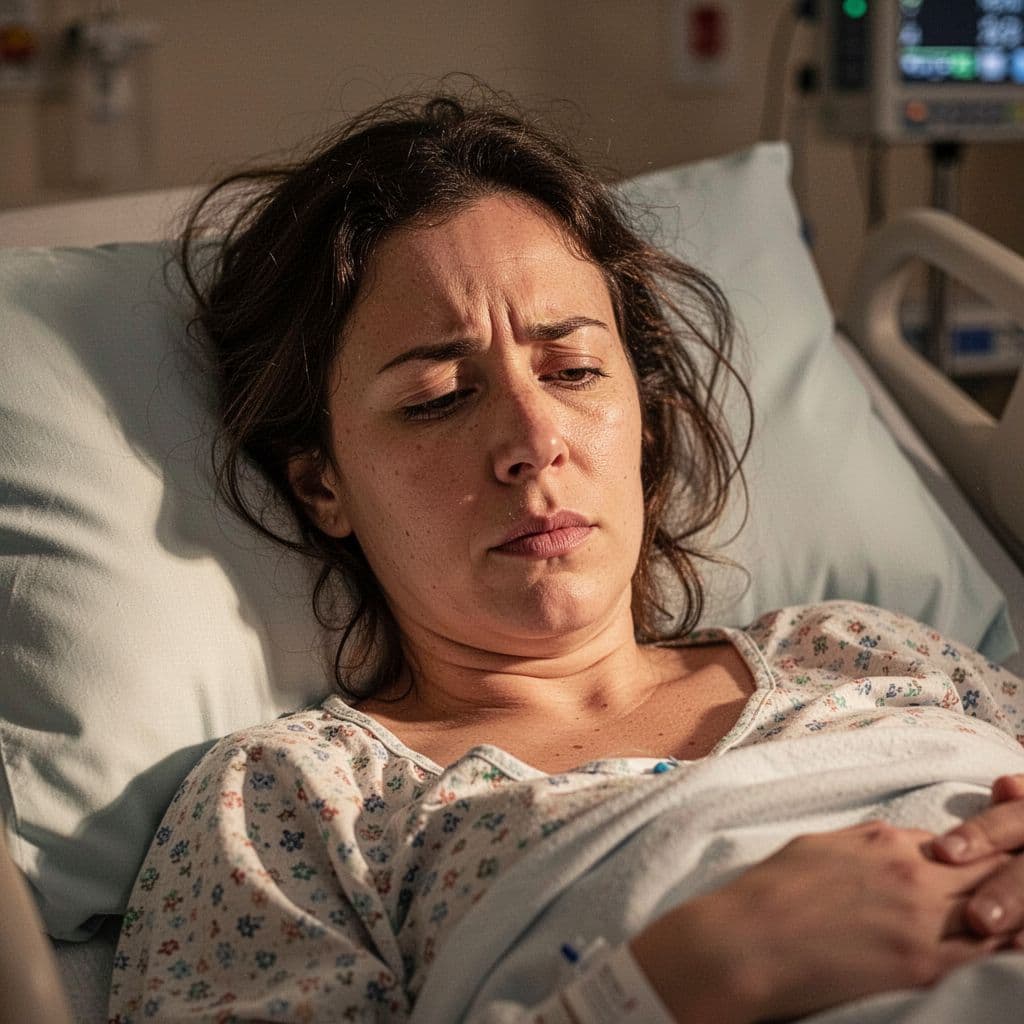 Close-up of a woman in maternity hospital bed with intense concentration, disheveled hair against pillows, soft warm lighting.