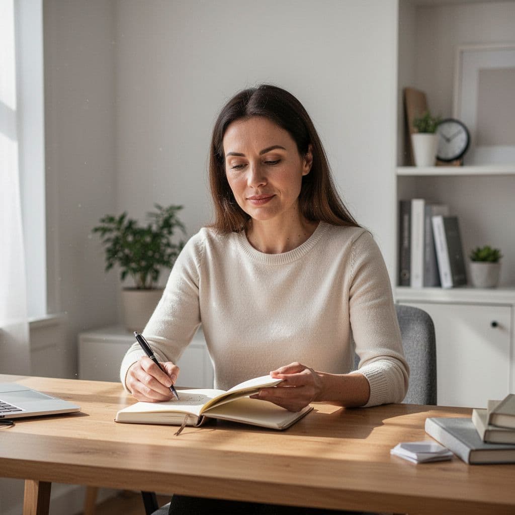 A focused woman sits at a minimalist wooden desk writing in a journal.