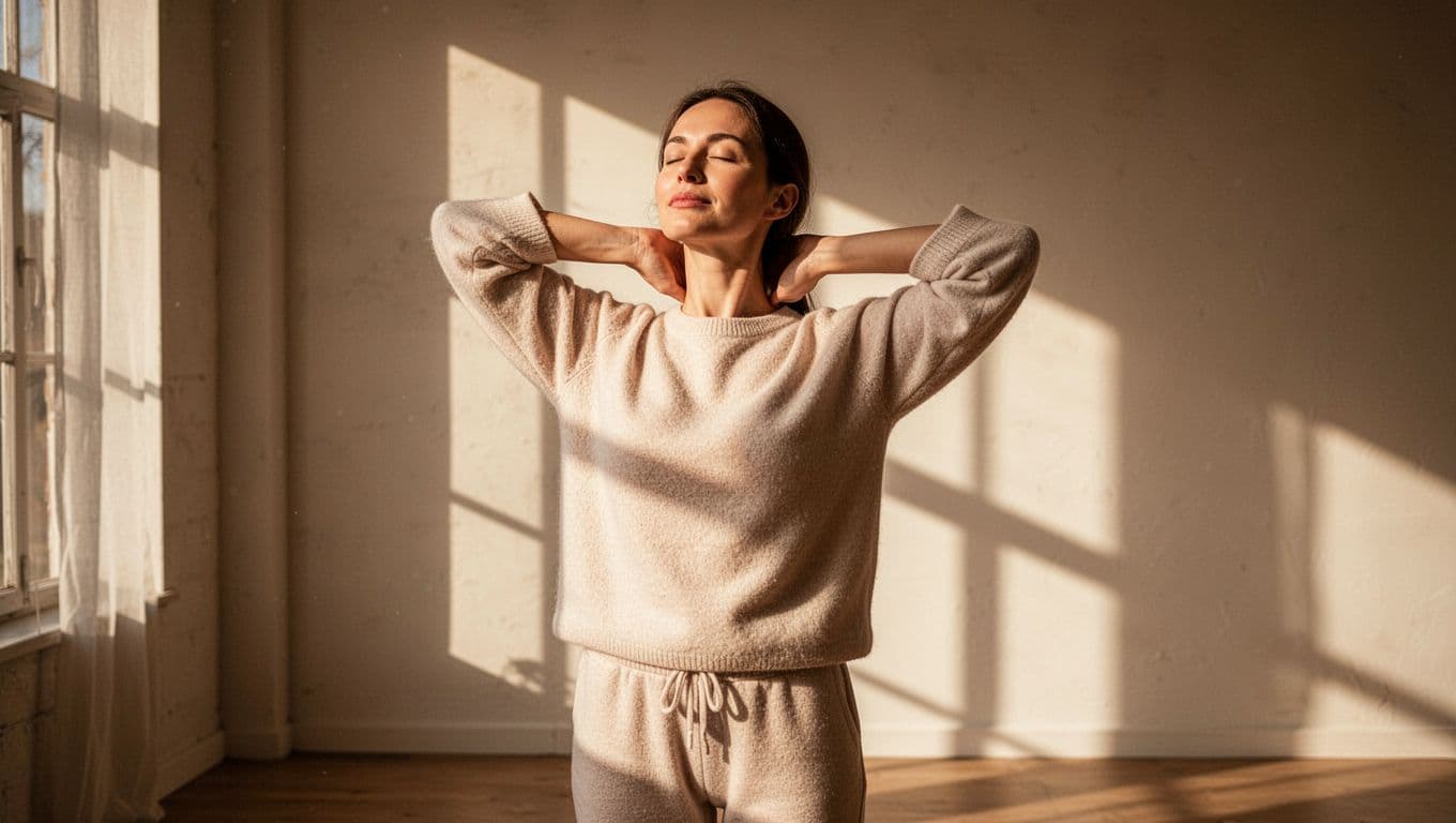 A woman wearing soft athletic clothing stands in a sunlit room, tilting her head to release tension in her shoulders. Warm morning light streams across the floor, highlighting her peaceful expression.