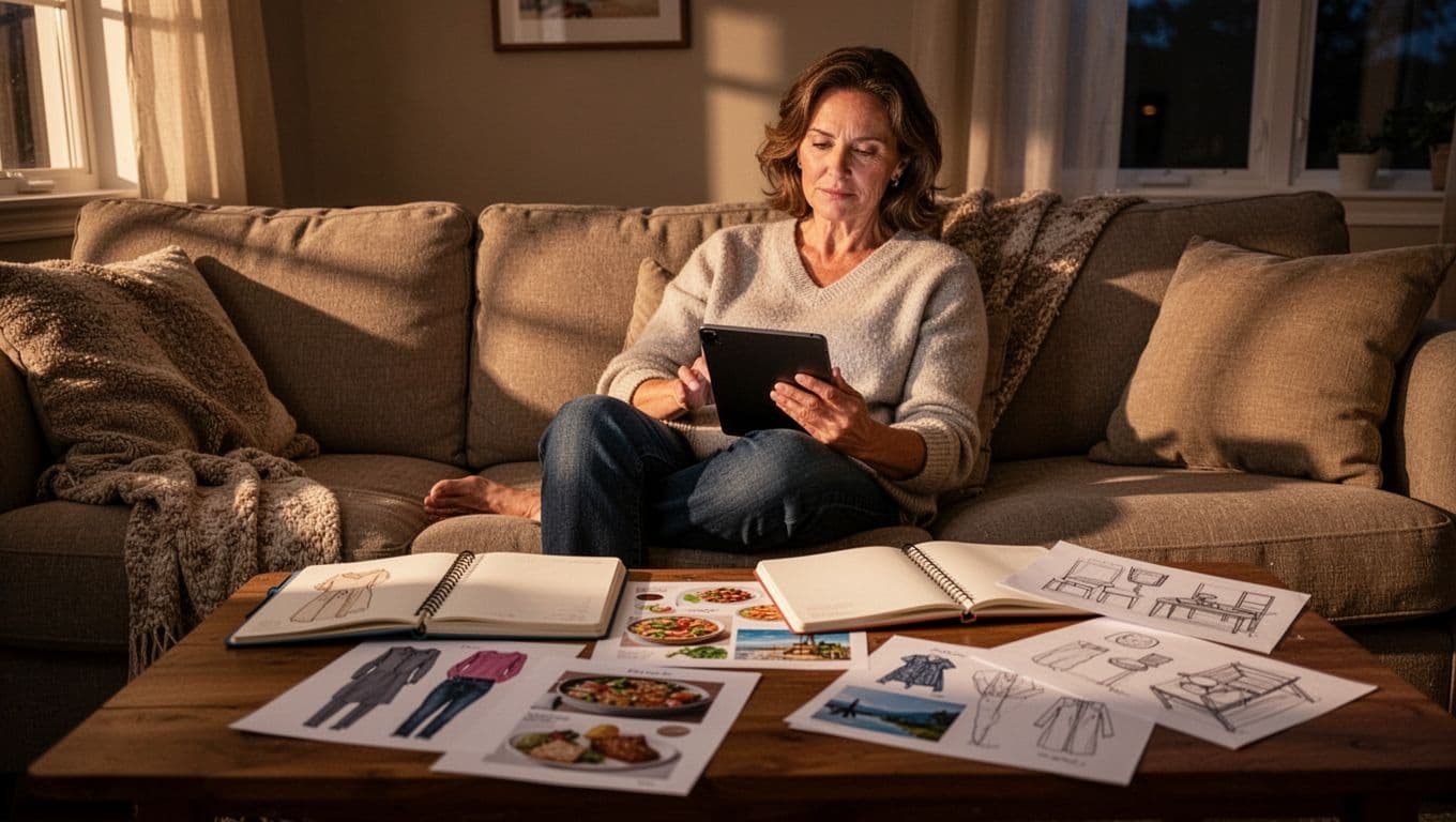 Mid-30s woman on couch browses tablet with notebooks and prints of outfits, recipes, travel on coffee table.