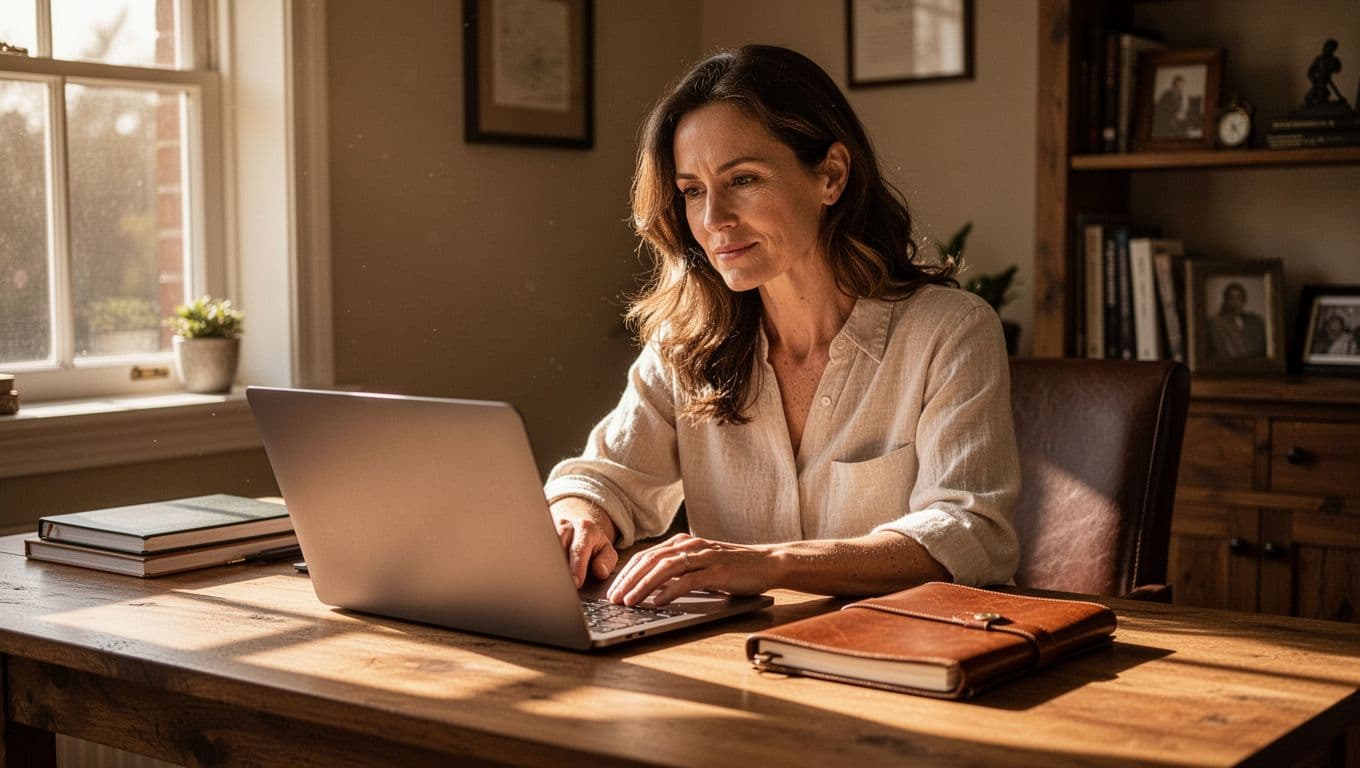 A woman sits at a warm wooden desk illuminated by soft morning light, carefully reviewing notes in an open planner and laptop screen to manage her long-term financial goals and savings.