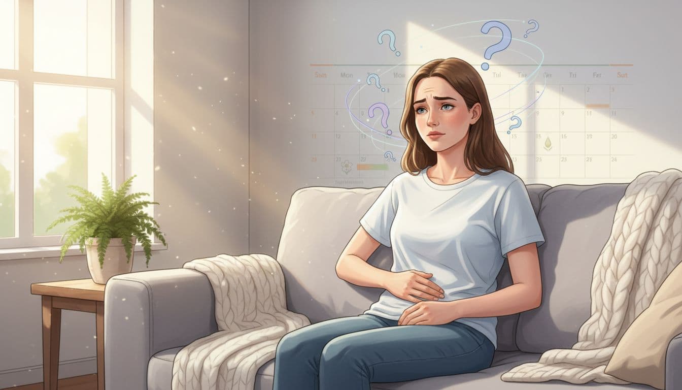 Illustration of a thoughtful young woman sitting on a couch, hand on her lower abdomen, with subtle question marks floating nearby and a faint menstrual cycle calendar overlay in the background, in a cozy living room with warm natural light.