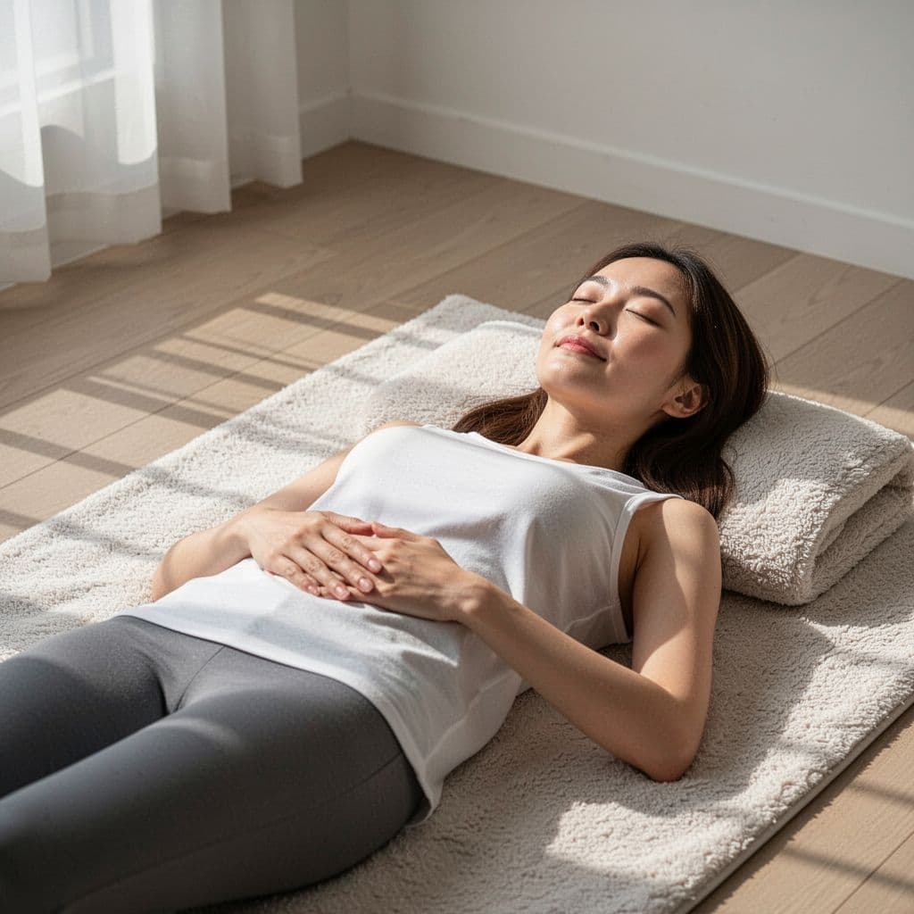A calm woman lies on a mat in a sunlit room with her hand on her abdomen.