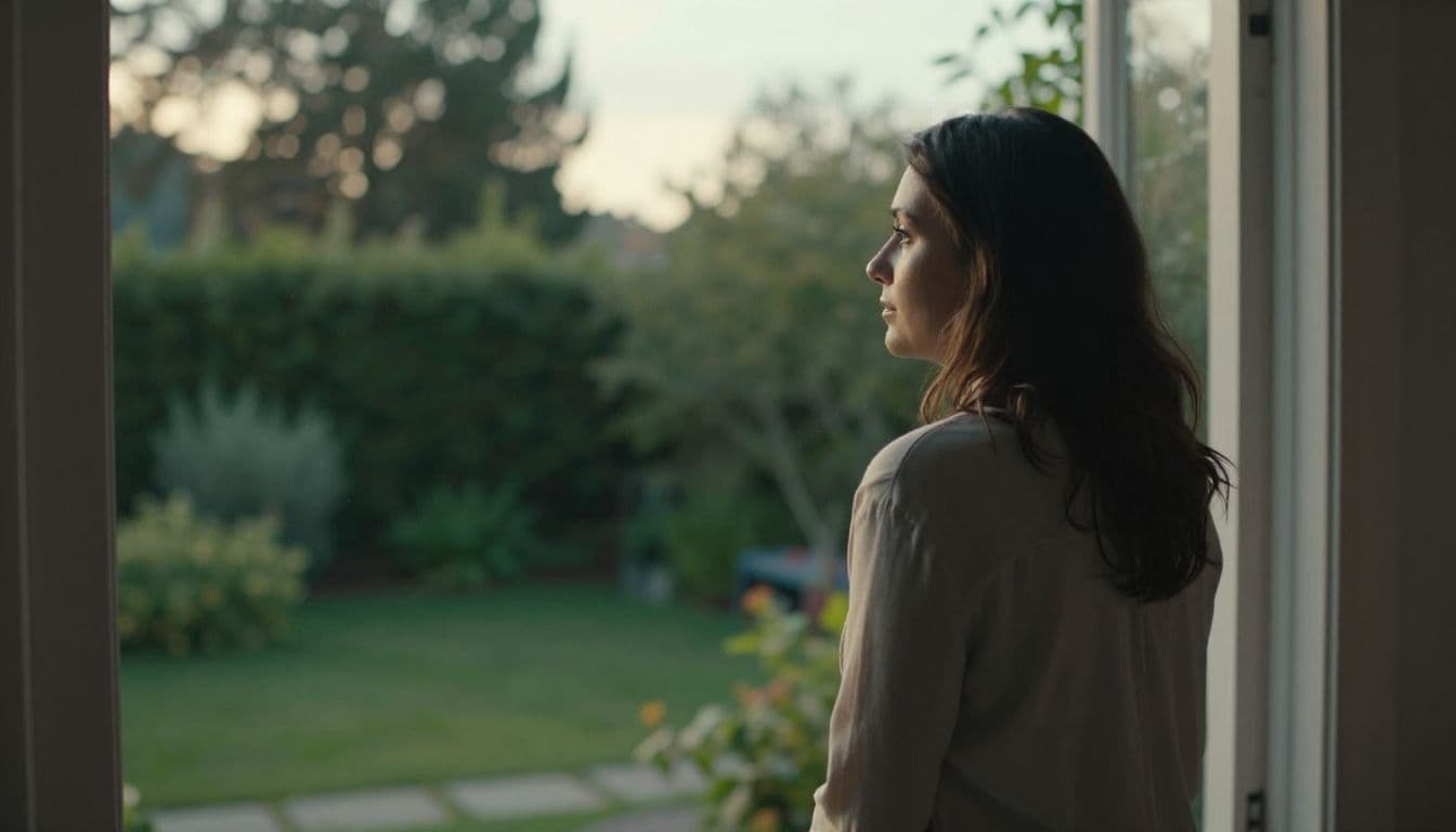 A woman stands in silhouette beside a floor-to-ceiling window during the golden hour. The soft afternoon light illuminates her thoughtful expression as she gazes toward a lush, peaceful outdoor garden.