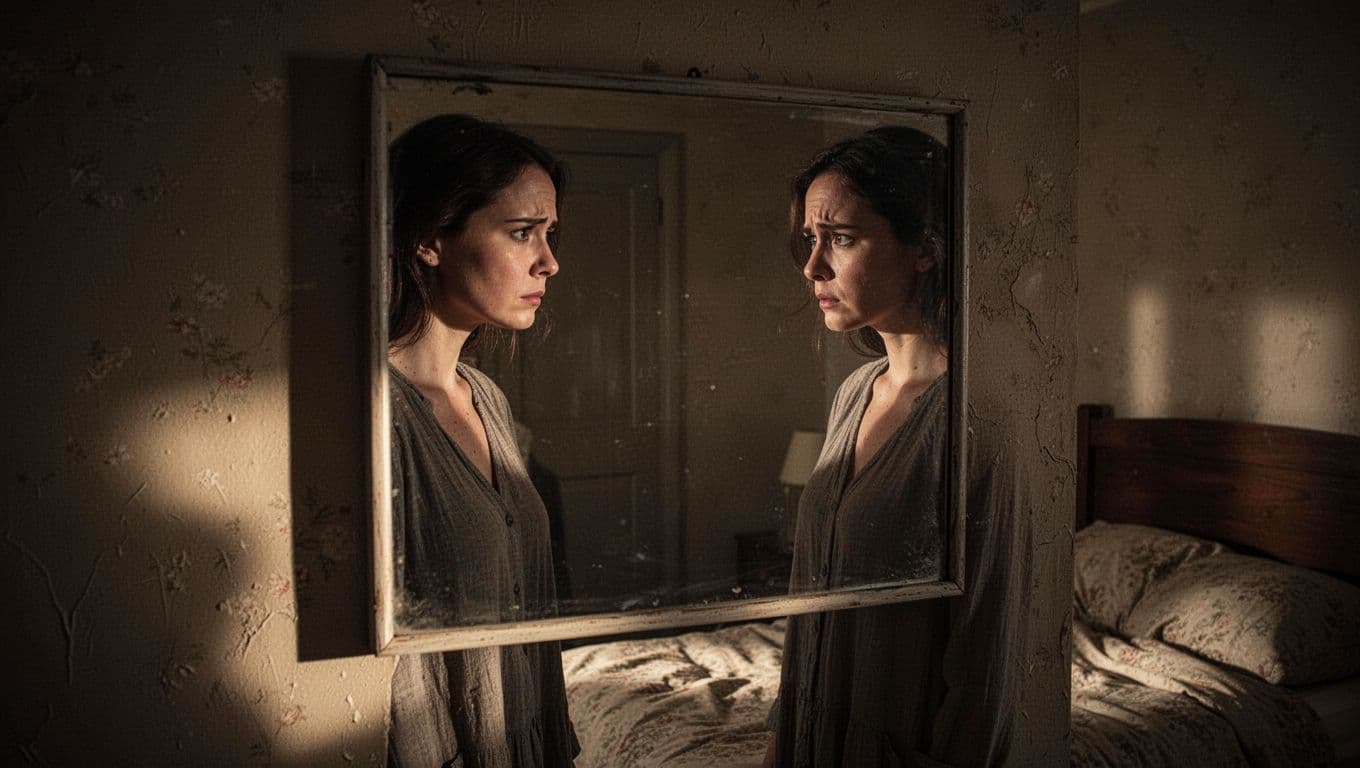A woman stands in a softly lit, moody bedroom peering into a large wall mirror. Her pensive expression captures a moment of deep uncertainty amidst the room's dramatic shadows and lighting.