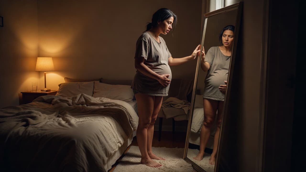 A woman gazes at her reflection in a softly lit bedroom mirror, observing the subtle transformation of her silhouette. Gentle shadows cast across the room emphasize a moment of quiet introspection.