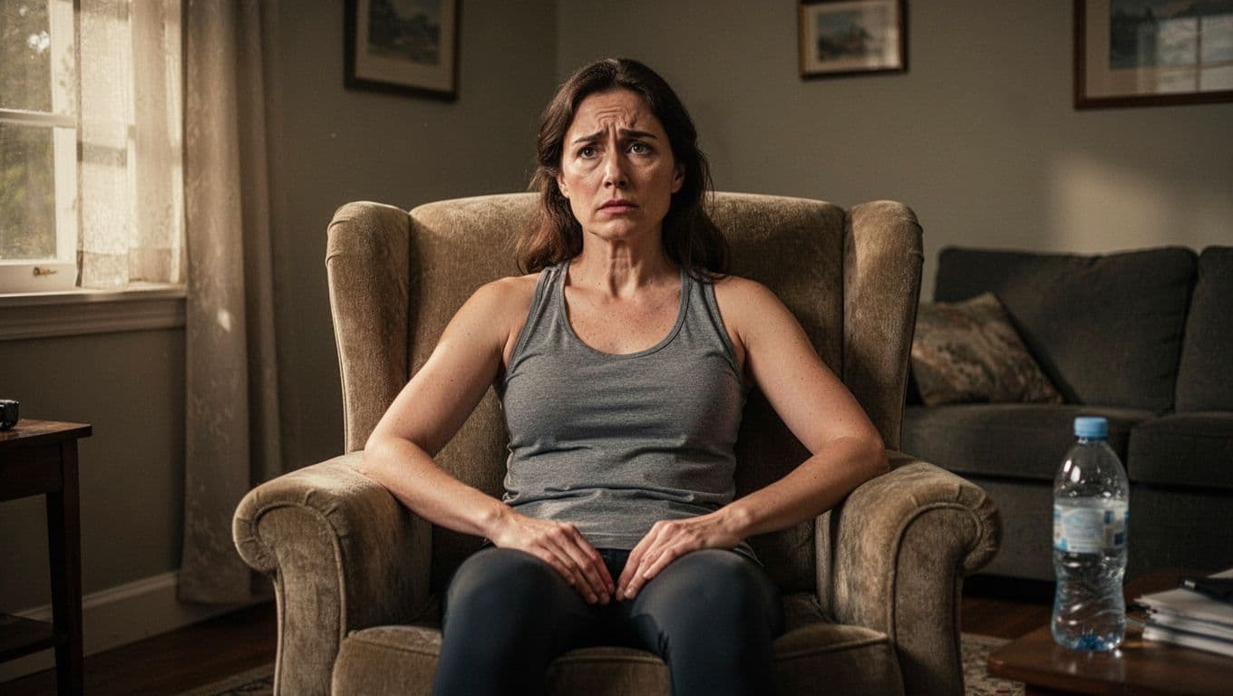 A woman sits in a plush armchair wearing comfortable athletic wear while resting after exercise. Her posture is relaxed, and soft cinematic shadows highlight her tired yet peaceful facial expression.