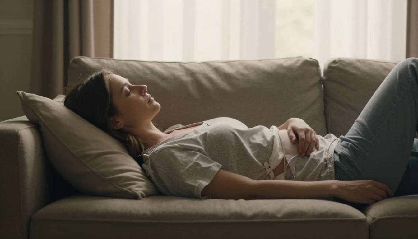 A woman relaxes on a plush gray sofa, wrapped in a soft knitted blanket. Warm sunlight streams through nearby curtains, illuminating the quiet living space during her postpartum healing period.