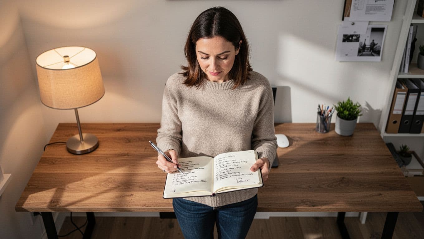 A woman in her early 30s stands thoughtfully at a wooden desk in a modern home office, reviewing a handwritten list of personal standards like consistent communication and mutual respect, holding a pen under warm lamp light.