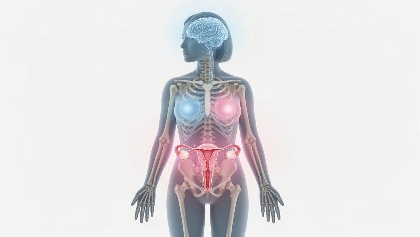 Woman's silhouette shows glowing highlights on ovaries, uterus, bones, brain, skin, and breasts in pastel tones.