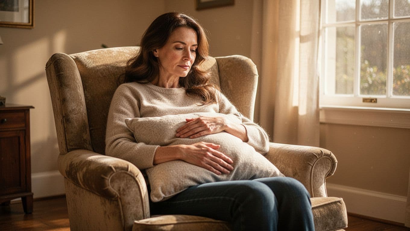 A woman sits relaxed in a plush armchair, pressing a soft pillow firmly against her abdomen to guard her surgical incision. Golden morning light illuminates the serene room and warm interior tones.
