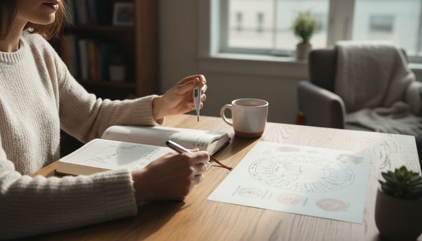 Woman sitting at a cozy home office desk, checking basal body temperature with a thermometer and noting in a journal with cervical mucus chart and cycle calendar nearby, realistic photo in soft afternoon light.