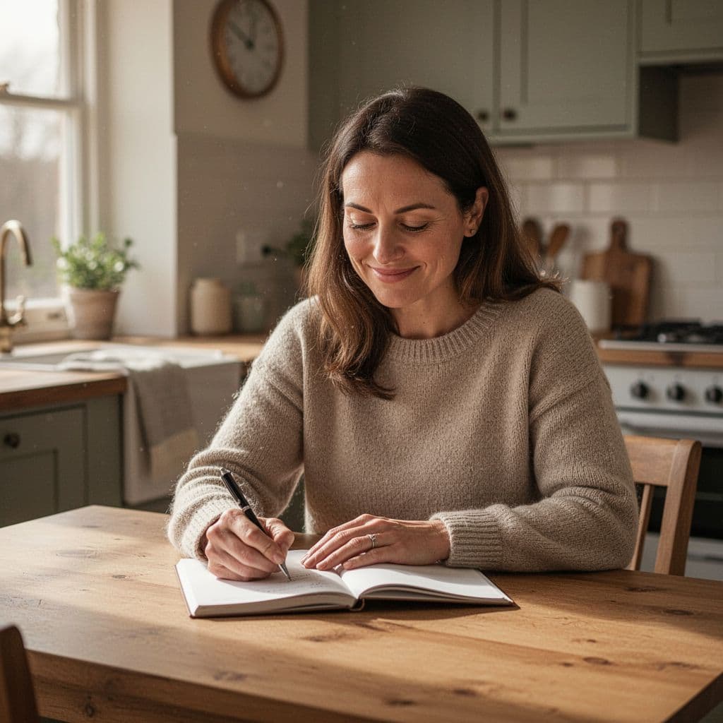 A woman sits at a wooden kitchen table writing in a notebook with a calm expression.