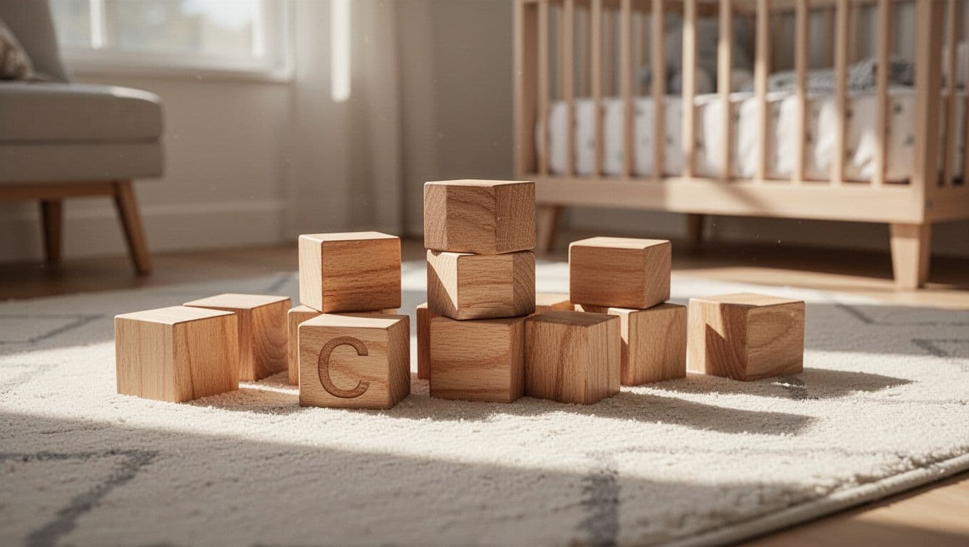 Natural wooden letter blocks sit neatly arranged on a plush beige rug inside a sunlit room. Soft light highlights the smooth texture of the wood grain against the simple textile background.