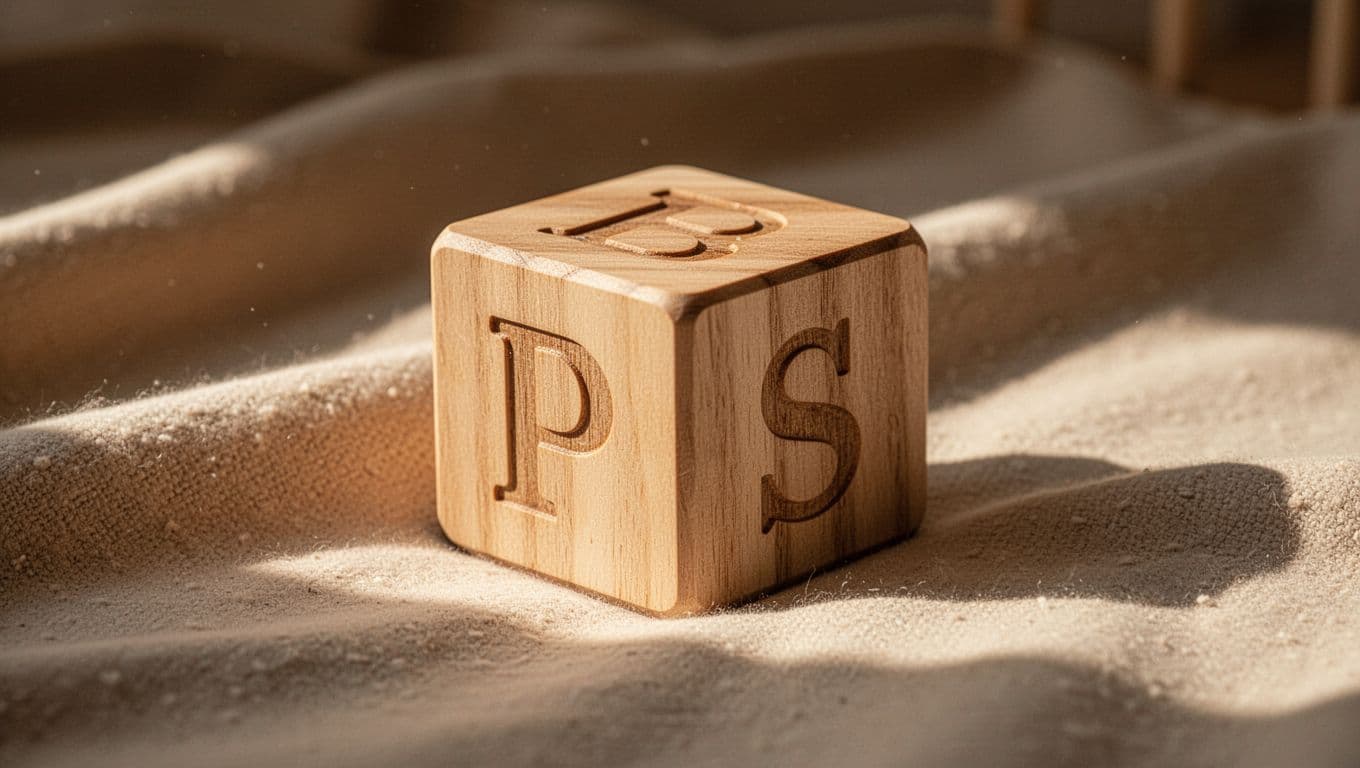 A single polished wooden cube featuring the letter A sits atop a soft, beige knitted blanket. Warm morning light creates dramatic shadows and emphasizes the rich grain of the wood.